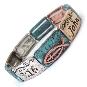 John 3:16 Christian Fish Tritone Patina Silver Gold Copper Stretch Bracelet